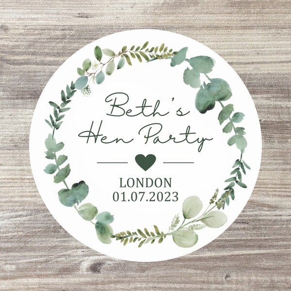 70 x Personalised Hen Party Stickers // Hen Do Stickers // Eucalyptus Stickers // Bridal Shower Favour