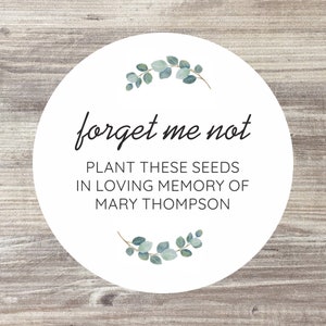 48 x Forget Me Not Personalised Funeral Stickers for Favours, Personalised Labels