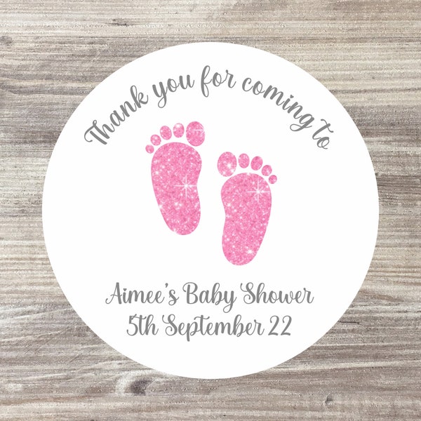 24 x Pink Baby Shower Stickers, Baby Girl Shower Favours, Baby Girl, Personalised Baby Shower Stickers, Pink Footprints, 45MM, 37MM