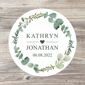 70 x Personalised Wedding Stickers, Wedding Name Stickers, Wedding Favour Stickers, Eucalyptus Wedding Theme