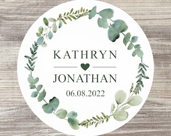 70 x Personalised Wedding Stickers, Wedding Name Stickers, Wedding Favour Stickers, Eucalyptus Wedding Theme