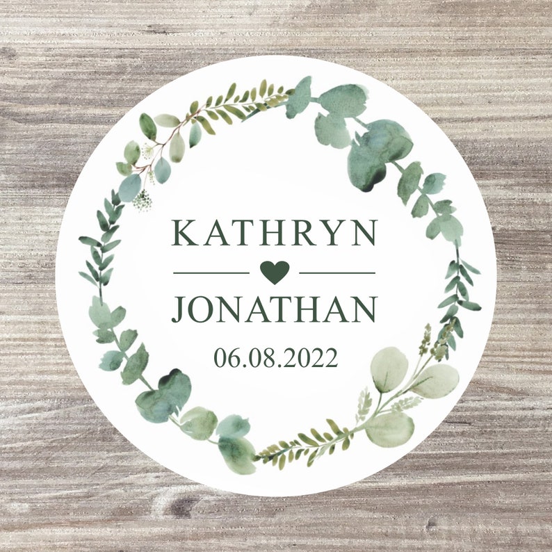 70 x Personalised Wedding Stickers, Wedding Name Stickers, Wedding Favour Stickers, Eucalyptus Wedding Theme image 1