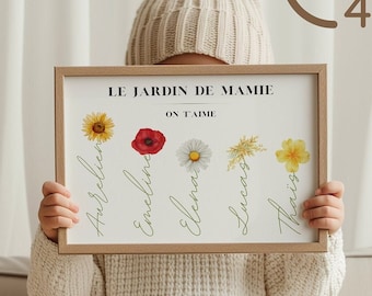 Affiche personnalisée Fête des grands mères, Le Jardin de mamie, Affiche noms enfants et fleurs, Fêtes des mères, Cadeau Noël, Digital