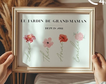 Affiche personnalisée Fleurs Aquarelle, Cadeau de Noël, Fête des grands mères et des mères, Le Jardin de mamie, noms enfants et fleurs, Digi