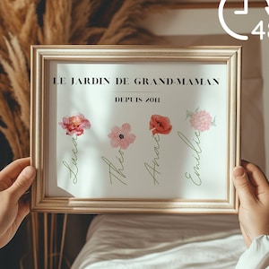 Cartel personalizado Fleurs Aquarelle, Cadeau de Noël, Fête des grands mères et des mères, Le Jardin de mamie, noms enfants et fleurs, Digi