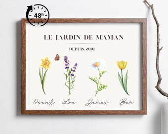 Affiche personnalisée le Jardin de mamie, le jardin de maman, Fête mamies, Affiche noms enfants et fleurs, Fêtes des mères, Cadeau Noël