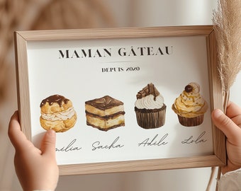 Affiche personnalisée Fête des grands mères, Affiche Mamie Gâteau, Affiche noms enfants et Pâtisseries, Fêtes des mères, Cadeau, Digital