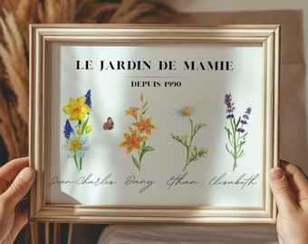 Affiche personnalisée le Jardin de mamie, le jardin de maman, Fête mamies, Affiche noms enfants et fleurs, Fêtes des mères, Cadeau Noël