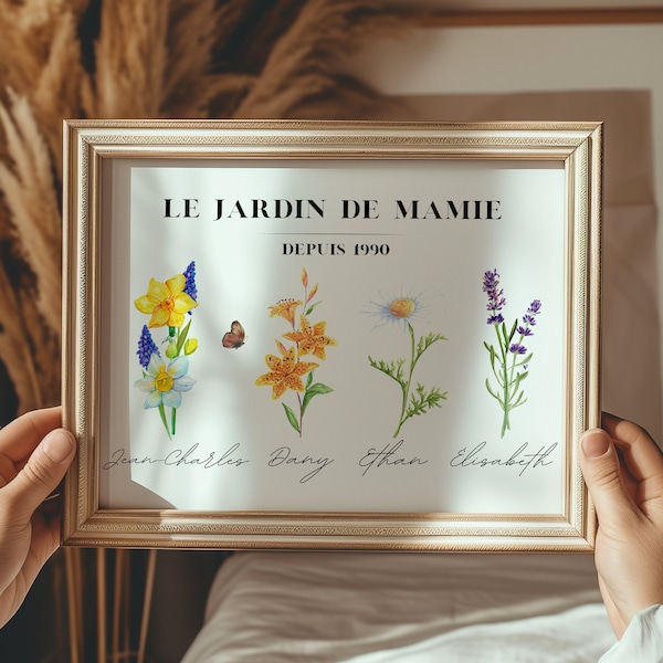 Affiche personnalisée le Jardin de mamie, le jardin de maman, Fête mamies, Affiche noms enfants et fleurs, Fêtes des mères, Cadeau Noël