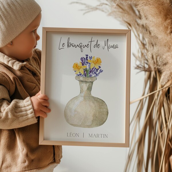 Affiche personnalisée Bouquet Fleurs de Naissance, Le Bouquet de Mamie, Affiche Noms Enfants, Fêtes des mères, Cadeau Grand-mère, Digital