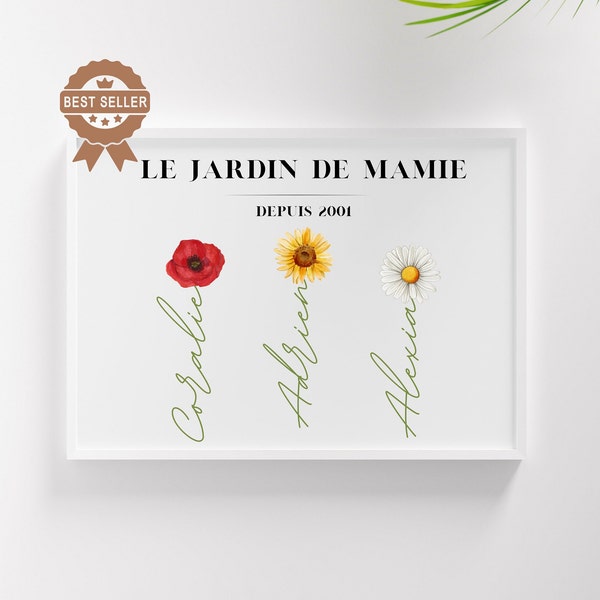 Affiche personnalisée Fête des grands mères, Le Jardin de mamie, Affiche noms enfants et fleurs, Fêtes des mères, Cadeau Noël, Digital