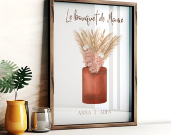 Affiche personnalisée Bouquet Fleurs de Naissance, Le Bouquet de Mamie, Affiche Noms Enfants, Fêtes des mères, Cadeau Grand-mère, Digital