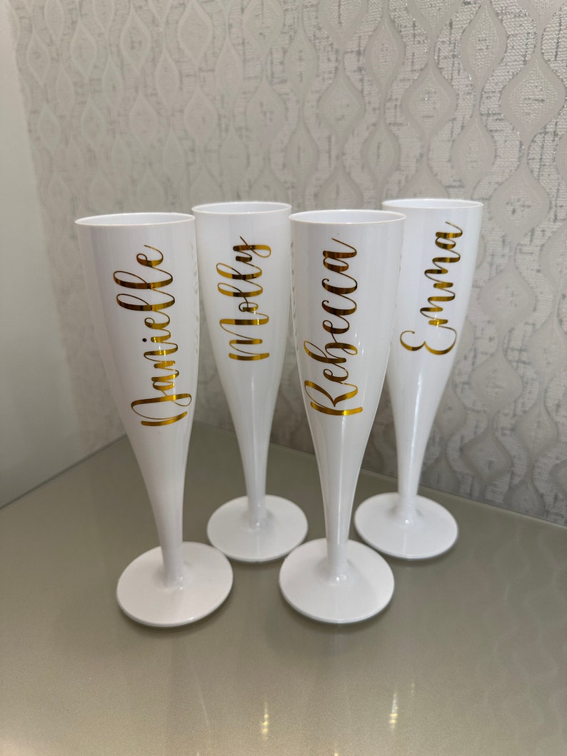 Personalised Champagne Flutes Bridal Party Flutes Hen Party Glasses Bride Glass White Plastic Champagne Flutes image 3