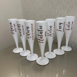 Personalised Champagne Flutes  |  Bridal Party Flutes  |  Hen Party Glasses  |  Bride Glass  |  White Plastic Champagne Flutes