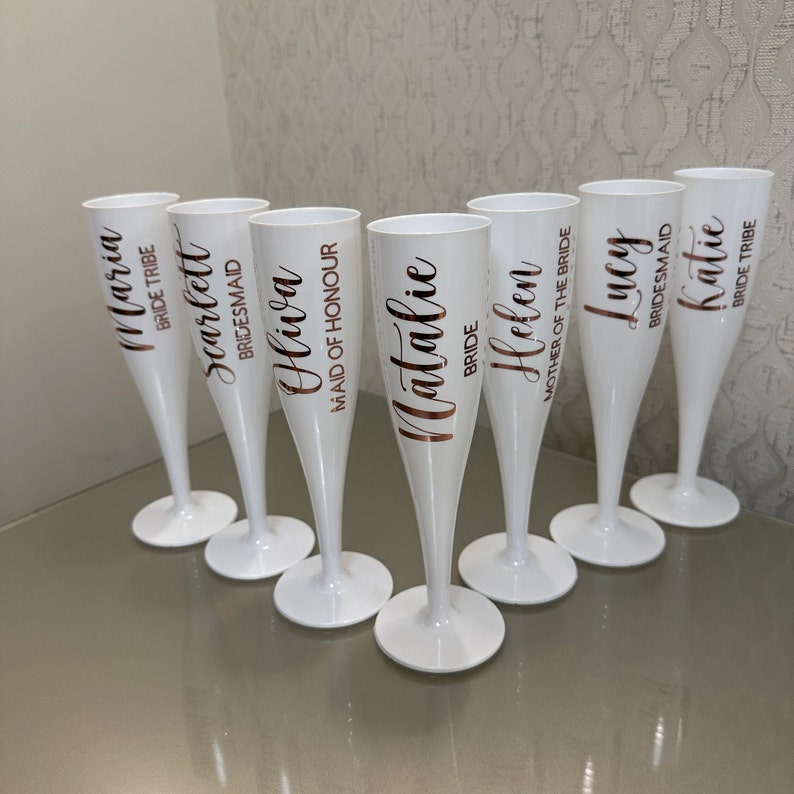 Personalised Champagne Flutes Bridal Party Flutes Hen Party Glasses Bride Glass White Plastic Champagne Flutes image 1