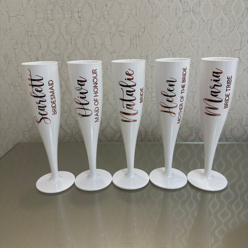 Personalised Champagne Flutes Bridal Party Flutes Hen Party Glasses Bride Glass White Plastic Champagne Flutes image 2