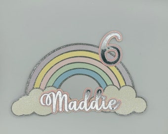 Personalised Rainbow Cake Topper with Name & Age  |  Pastel Rainbow Glitter Cake Topper  |  Rainbow Party Decor  |  Custom Cake Topper