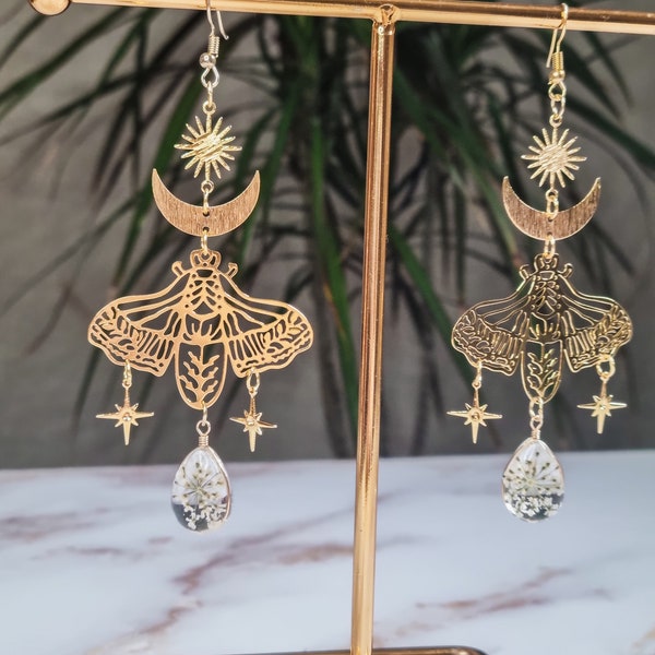 Flower Moth Earrings Gold | Crescent Moon Sun Stars Gemstone Pendant | Celestial Witchy Boho Y2K