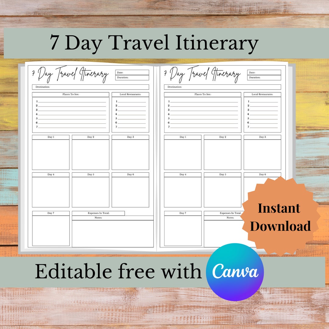 7 Day Printable Itinerary 7 Day Travel Itinerary Template - Etsy Canada