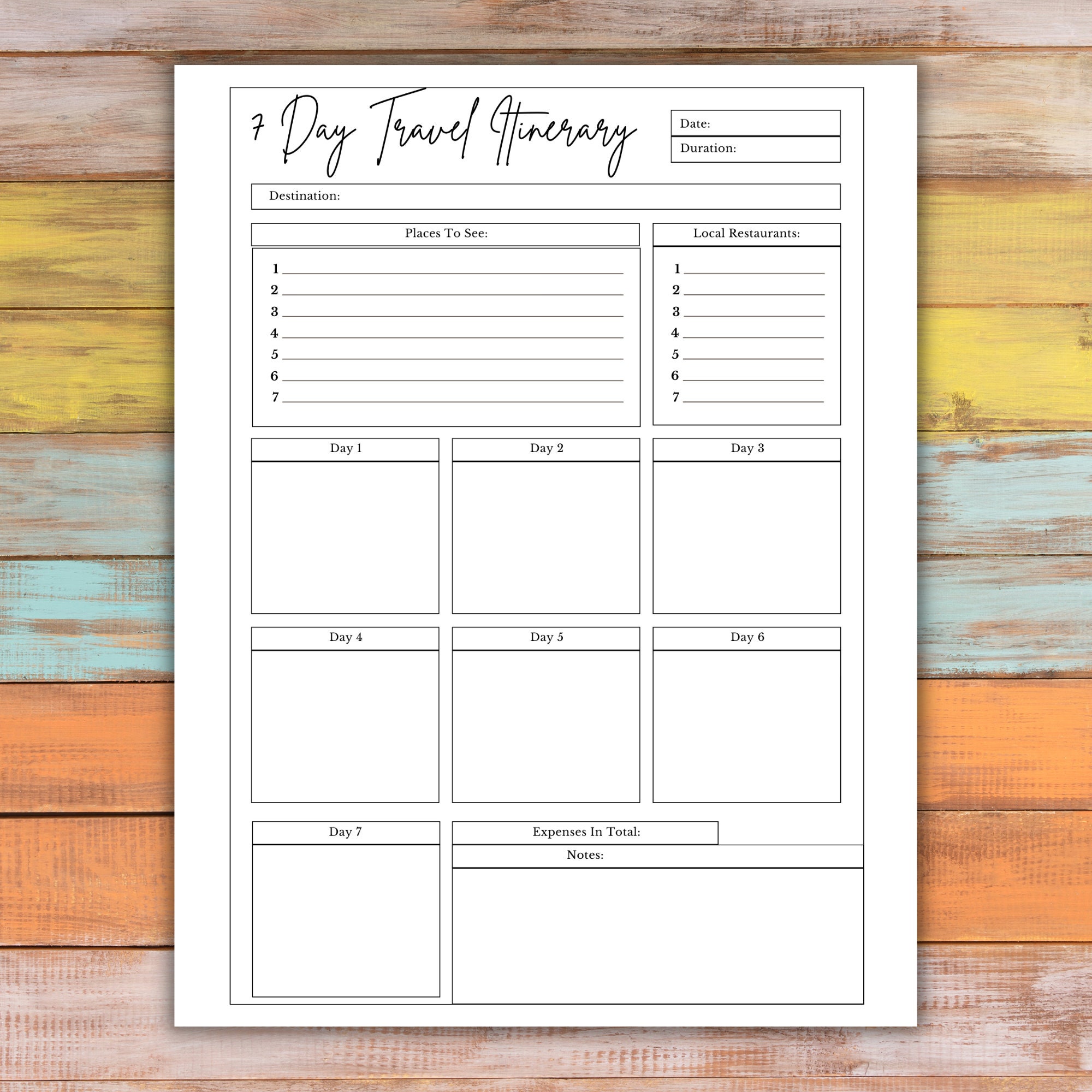 7 Day Printable Itinerary 7 Day Travel Itinerary Template - Etsy Canada