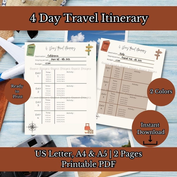 4 Day Travel Itinerary Planner | Cruise Planner | Vacation Planner | Itinerary Planner | Itinerary Printable | PDF, A5, A4 | Trip Planner