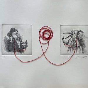 May include: Framed artwork with two square illustrations linked by red thread. One shows an elephant-like figure in a suit, the other a bird-like figure. Both hold small objects to their ears. The artwork is signed.