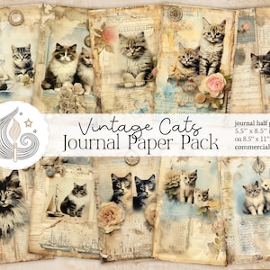 vintage Cats Junk Journal | Pages de journal de chat | Fabrication de cartes | Création de balises | Paquet de papier | Kit de scrapbooking numérique | Vieux papier