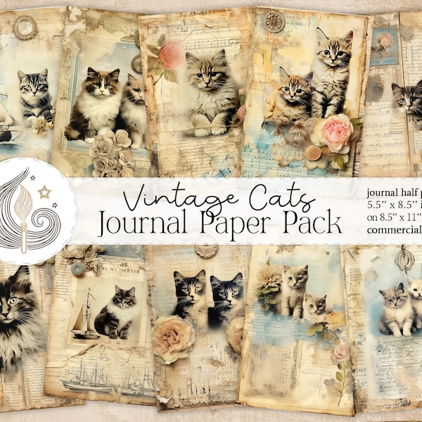 vintage Cats Junk Journal | Pages de journal de chat | Fabrication de cartes | Création de balises | Paquet de papier | Kit de scrapbooking numérique | Vieux papier