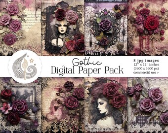 Gothic Digital Paper Pack: Dark Vintage Rose & Texture Backgrounds