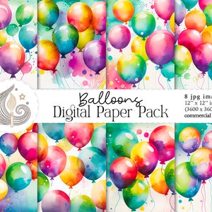 Verjaardag digitaal papier | Kleurrijke aquarelballonnen | Digitale plakboekpapieren | Feestontwerpen | Commercieel gebruik | Kaarten maken