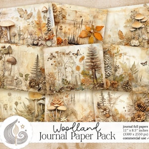 Woodland Junk Journal Pages: Rustic Forest Backgrounds with Mushrooms Branches and Natural Textures