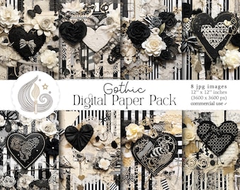 Gothic Digital Paper Pack: Vintage Black and White Collage Backgrounds with Lace and Hearts