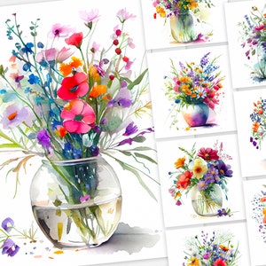 Vaso di fiori Jpg / Set di 10 clipart ad acquerello / Creazione di cartoline / Mestiere con la carta digitale / Uso commerciale / Scrapbooking