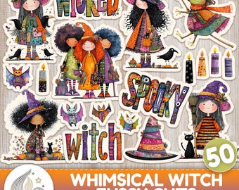 Whimsical Witch Fussy Cuts: Quirky Magical Halloween Printable Ephemera Pack