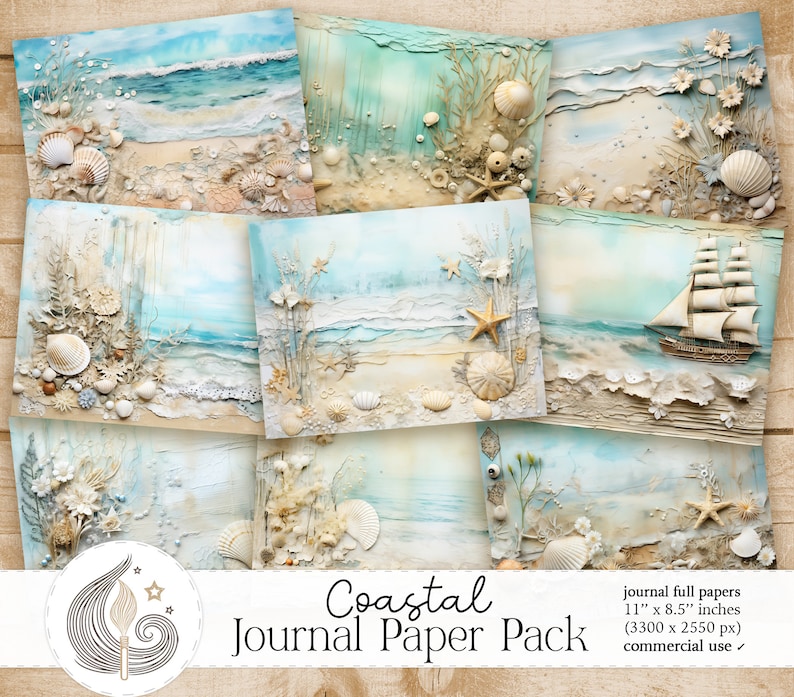 Coastal Junk Journal Paper Card Making Scrapbook Paper Instant Download Digital Paper Commercial Use Mixed Media image 1