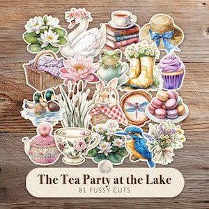 Puede incluir: Una colección de pegatinas de acuarela con temática de fiesta de té. Incluye un cisne, tazas de té, una rana, un conejo, una magdalena, una libélula y el texto "The Tea Party at the Lake". El conjunto contiene 81 recortes.