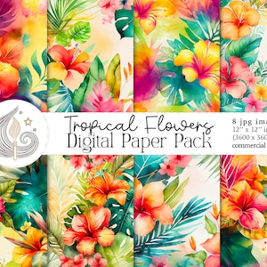 Papéis Digitais de Flores Tropicais | Download instantâneo | Papéis florais para scrapbook | Fundos aquarela | Papéis para impressão | Trabalhos manuais