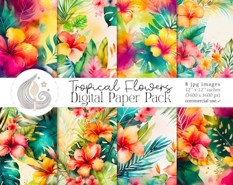 Tropical Flowers Digital Papers | Instant Download | Floral Scrapbook Papers | Watercolor Backgrounds | Printable Papers | Crafts