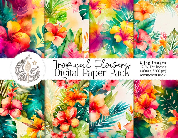 Tropical Flowers Digital Paper Pack: Watercolor Hibiscus and Palm Leaves in Bright Tones