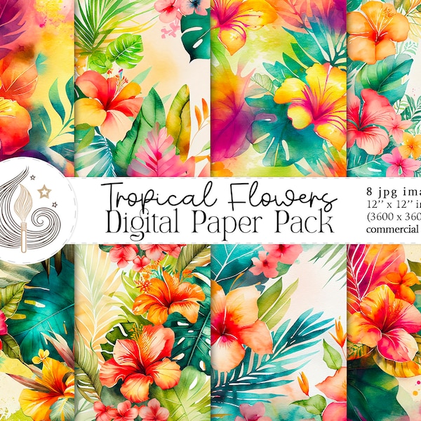 Tropical Flowers Digital Papers | Instant Download | Floral Scrapbook Papers | Watercolor Backgrounds | Printable Papers | Crafts