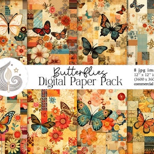 Papier numérique papillon | Utilisation commerciale | Papier décoratif | Projets d'artisanat | Papillons Et Fleurs | Patchwork folklorique fantaisiste