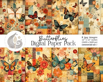 Butterflies Digital Paper Pack: Vintage Floral Collage Backgrounds in Warm Autumn Tones
