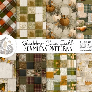 May include: A collection of eight digital seamless patterns with a Shabby Chic Fall theme. The patterns include patchwork designs, pumpkins, and floral elements. Each image is 12 x 12 inches and suitable for commercial use.