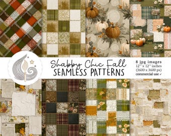 Shabby Chic Fall Seamless Patterns: Vintage Patchwork Digital Paper Pack with Pumpkins & Leaves