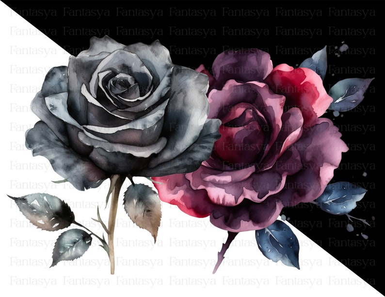 Watercolor Dark Roses Clipart Pack: Black Roses and Gothic Florals (PNG ...
