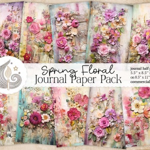 Kit de journal floral de printemps | Fleurs Shabby Chic | Pages de journal de fleurs | Papier numérique | Papier scrapbooking | Fabrication de cartes | Artisanat