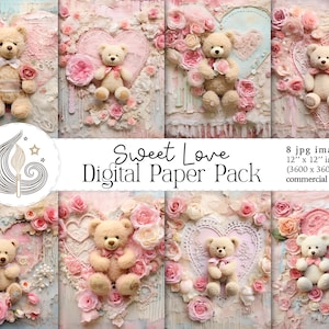 numérique Ours en peluche et roses roses | Utilisation commerciale | Scrapbooking | Fabrication de cartes | Papiers créatifs | Collage | Shabby Chic