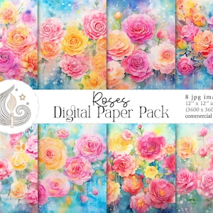 Watercolor Roses Digital Paper | Scrapbooking Paper | Printable Digital Paper Pack | Commercial Use | Card Making | Crafting | Diy