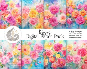 Roses Digital Paper Pack: Watercolor Floral Backgrounds in Bright and ...