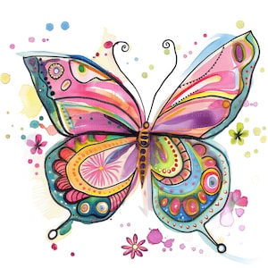 Puede incluir: Una vibrante pintura de acuarela de una mariposa con patrones intrincados y una paleta colorida. La mariposa presenta tonos rosas, morados, amarillos y azules, con detalles decorativos. Peque&ntilde;as flores y salpicaduras de pintura rodean la mariposa sobre un fondo blanco.